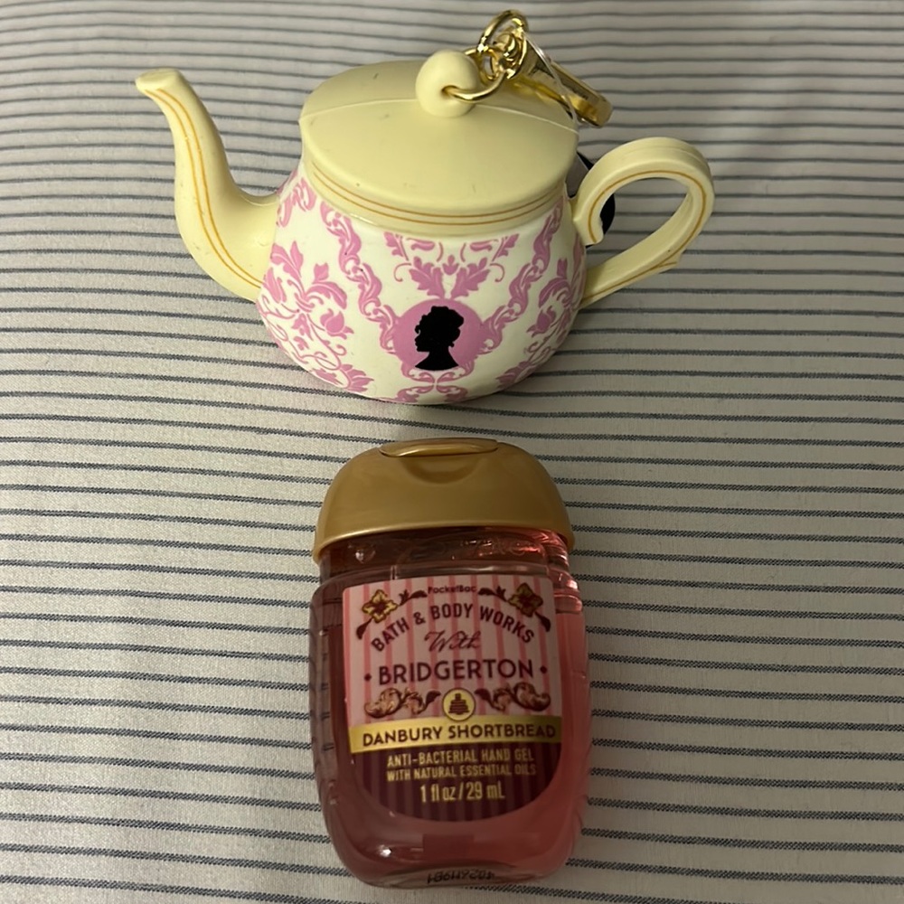 Bridgerton Danbury Shortbread sanitizer with the tea cup pocket bac holder